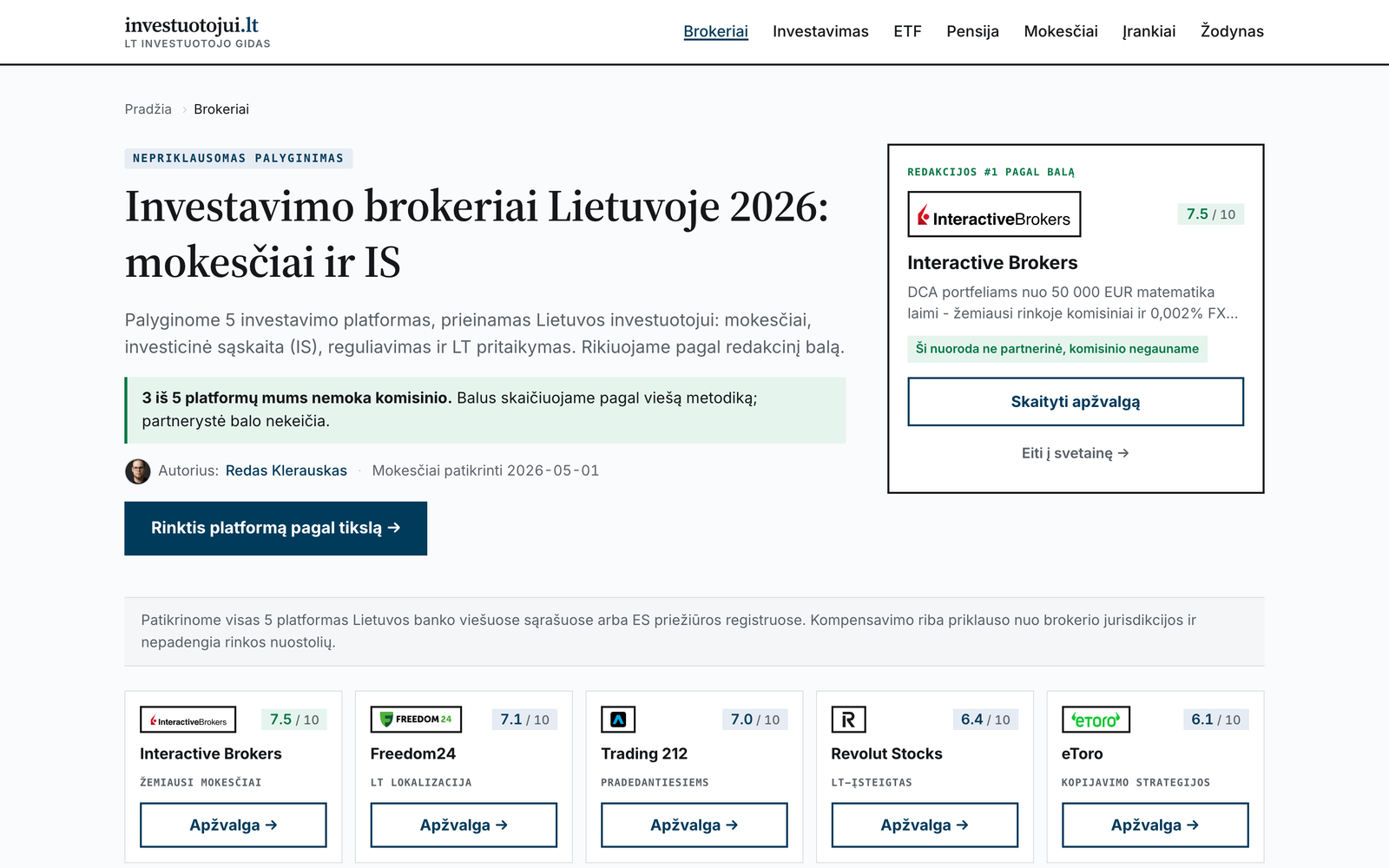Brokerių palyginimo puslapis su vertinimais pagal viešą metodiką