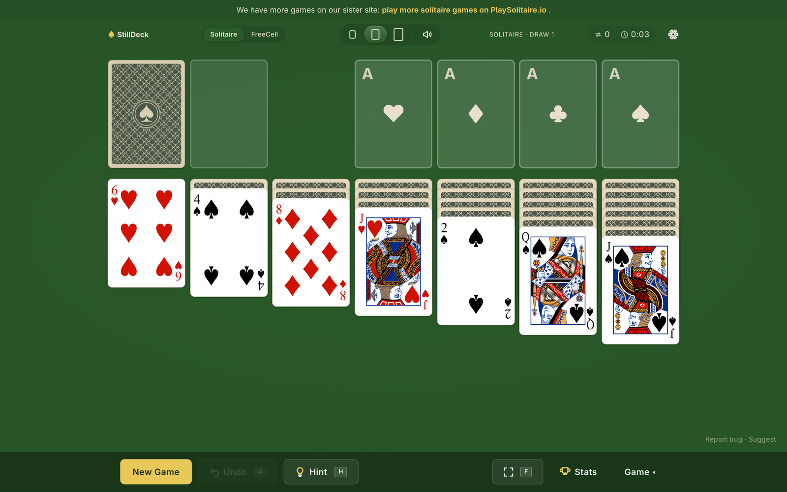 StillDeck pradžios puslapis su „Klondike Solitaire“ žaidimo lauku