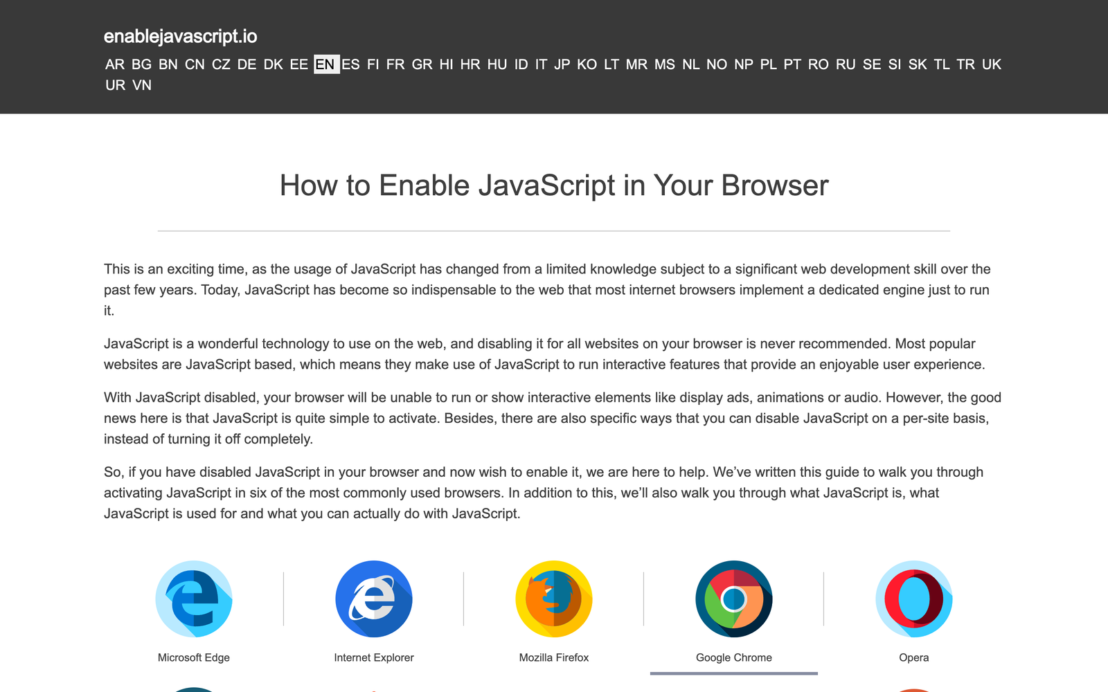 enablejavascript.io pradžios puslapis su naršyklių gidais