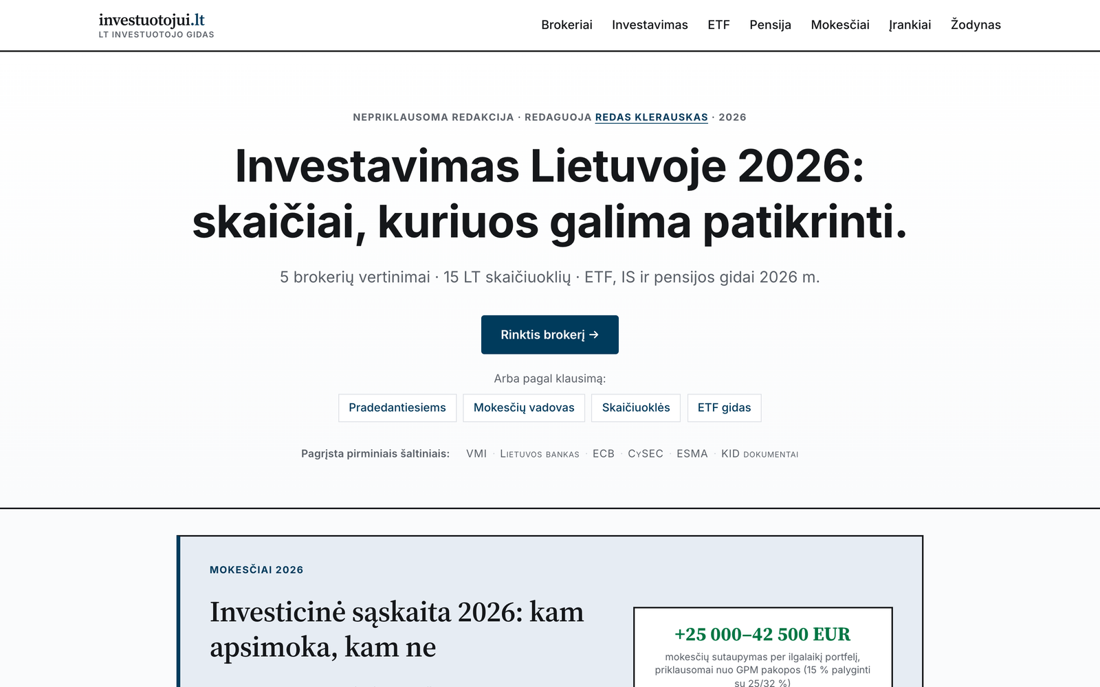 investuotojui.lt pradžios puslapis: brokerių vertinimai, skaičiuoklės ir gidai