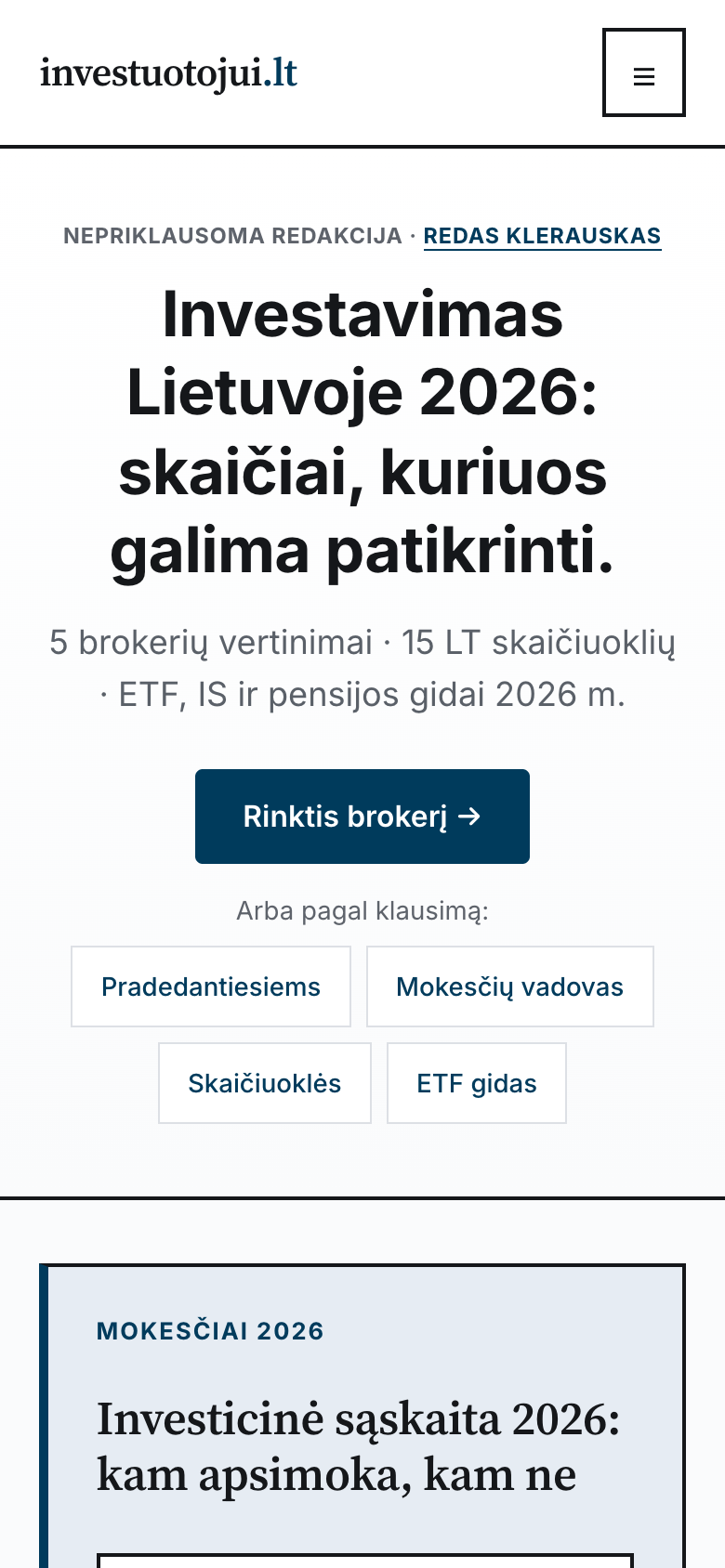 investuotojui.lt pradžios puslapis mobiliajame įrenginyje