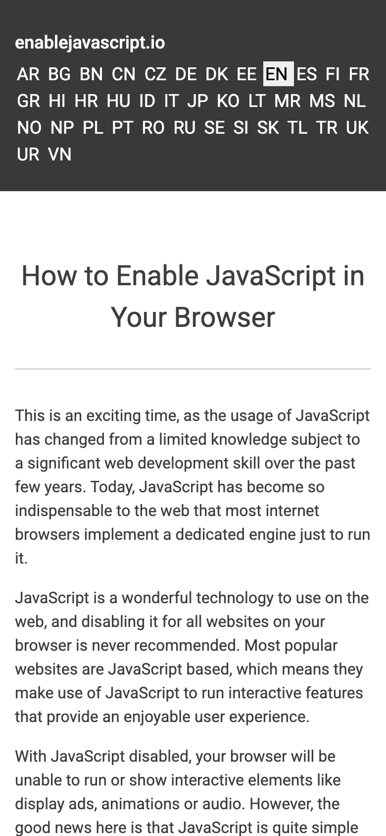 enablejavascript.io mobiliajame įrenginyje